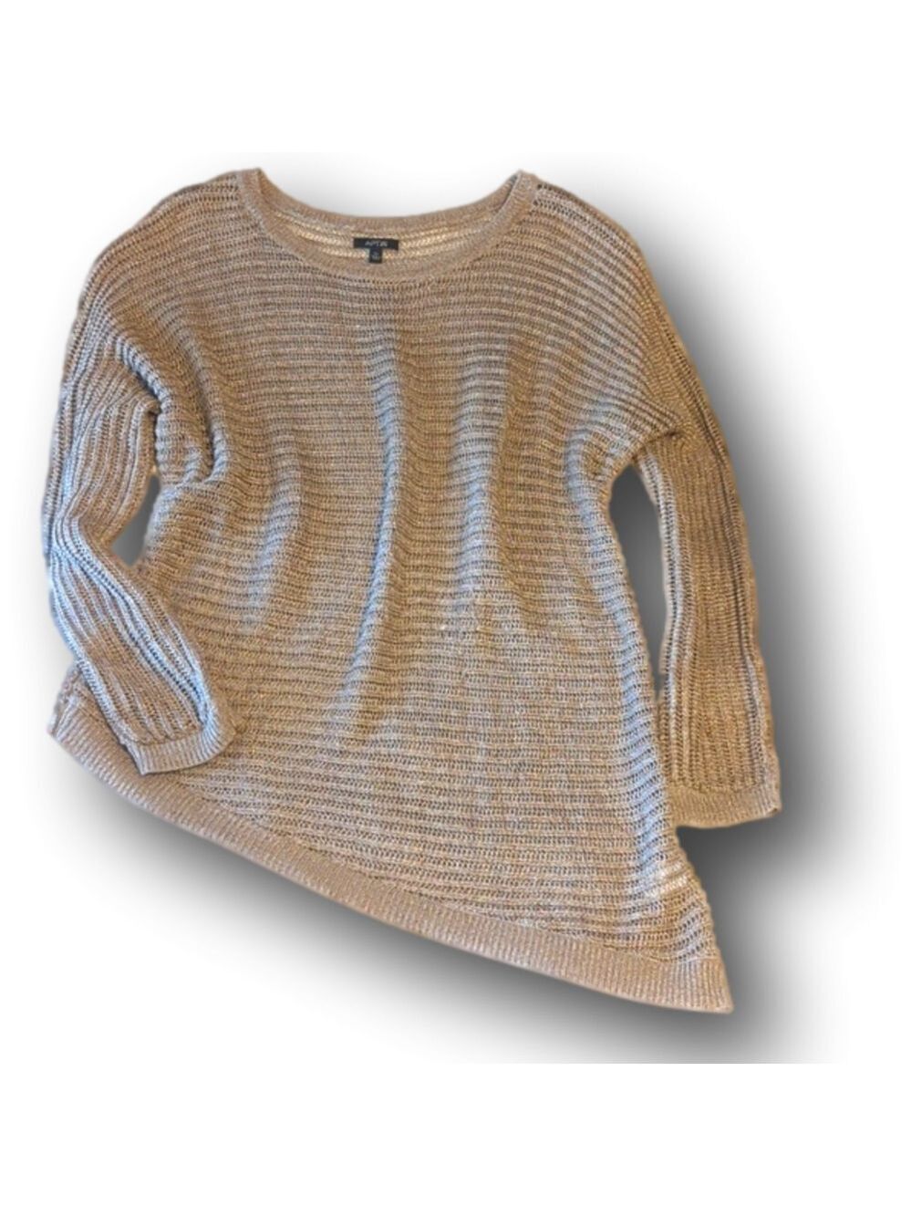 Open knit bronze glimmer sweater with asymmetrical hem